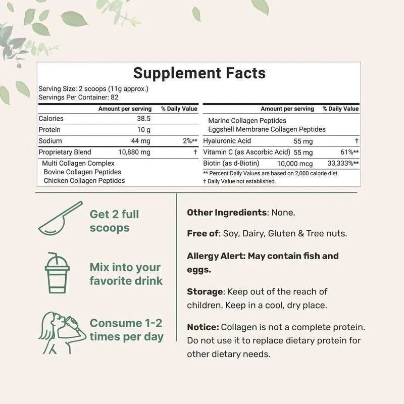 Multi I, II, X Type V, Collagen Peptides Powder–Hydrolyzed III, Protein with 2LB