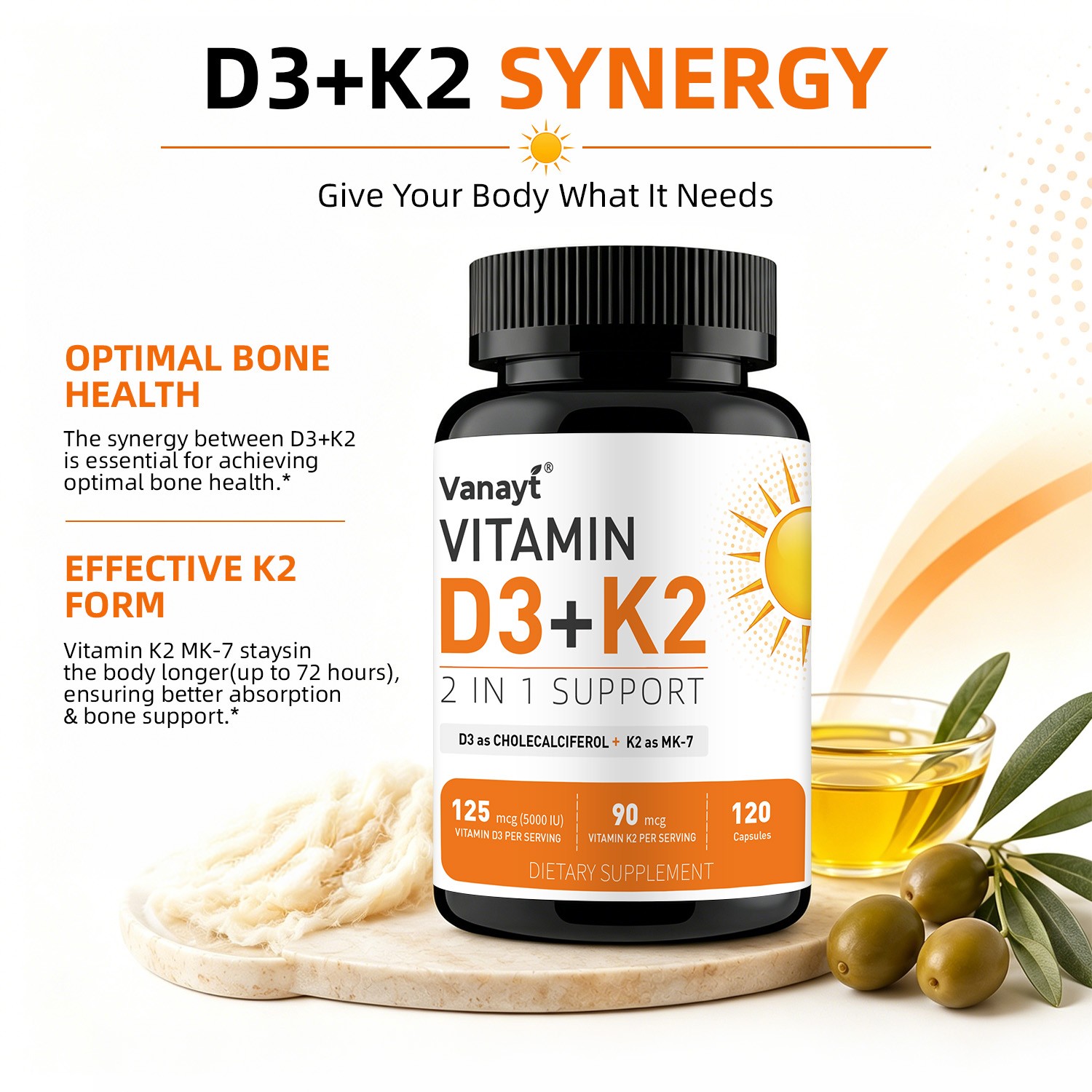 Vitamin D3 5000 IU + K2 90mcg 120 Capsules Extra Strength D3 K2 Supplements