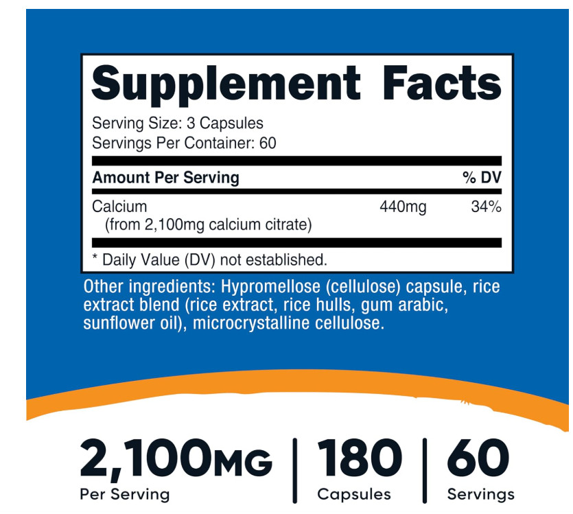 Nutricost Calcium Citrate 2100mg 180 Capsules Bone Health Supplement Non-GMO