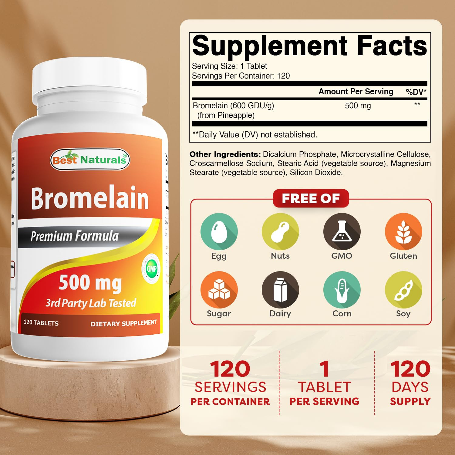 Bromelain Supplement 500mg Non-GMO Gluten-Free 120 Tablets USA Made
