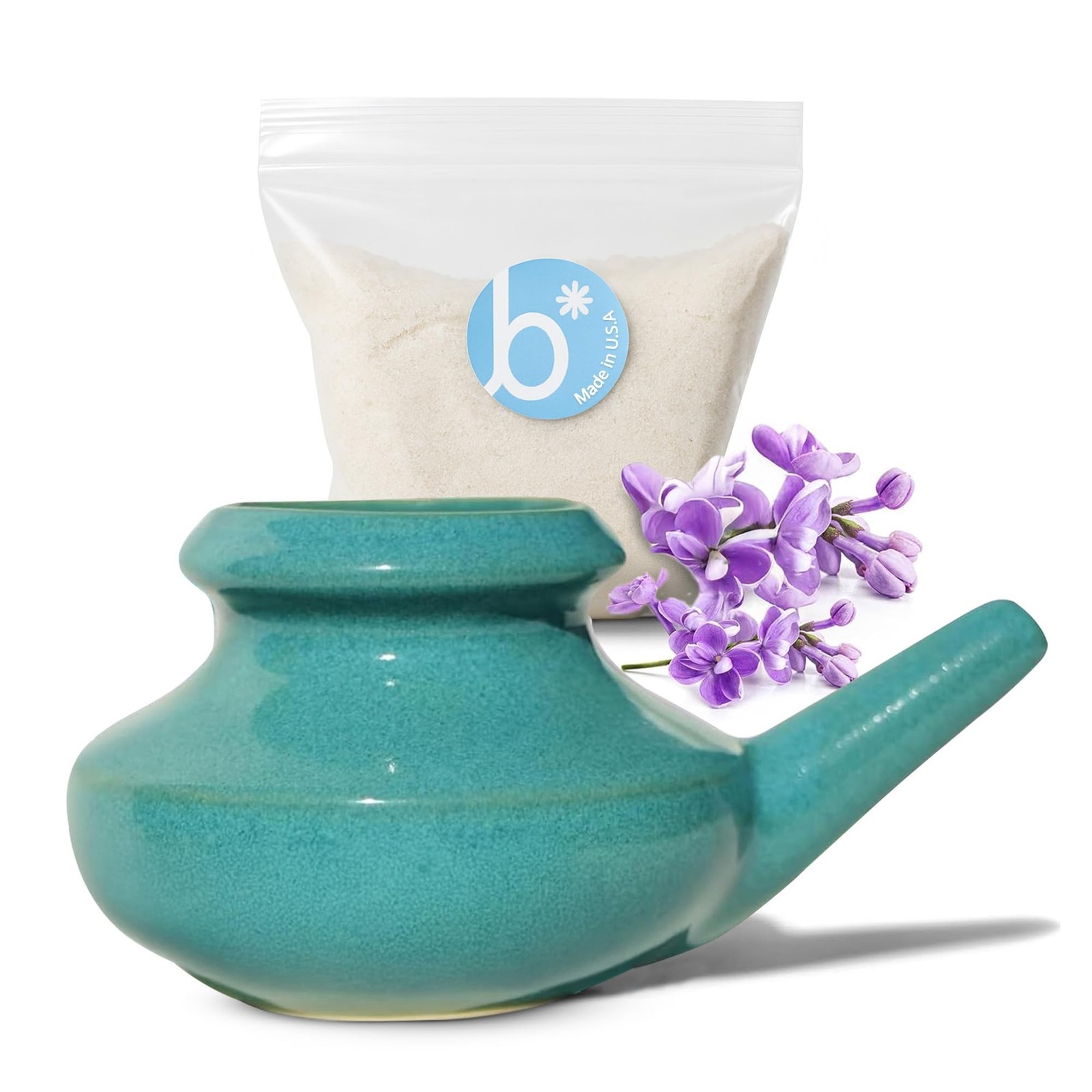 Baraka USA Ceramic Neti Pot w/ 2oz Mineral Sea Salt – Saline Nasal Rinse f