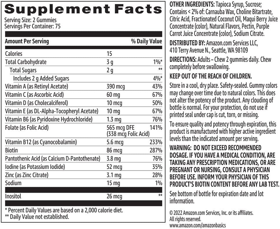 Amazon Basics Adult Multivitamin Gummies Mixed Berry Cherry 150 Count
