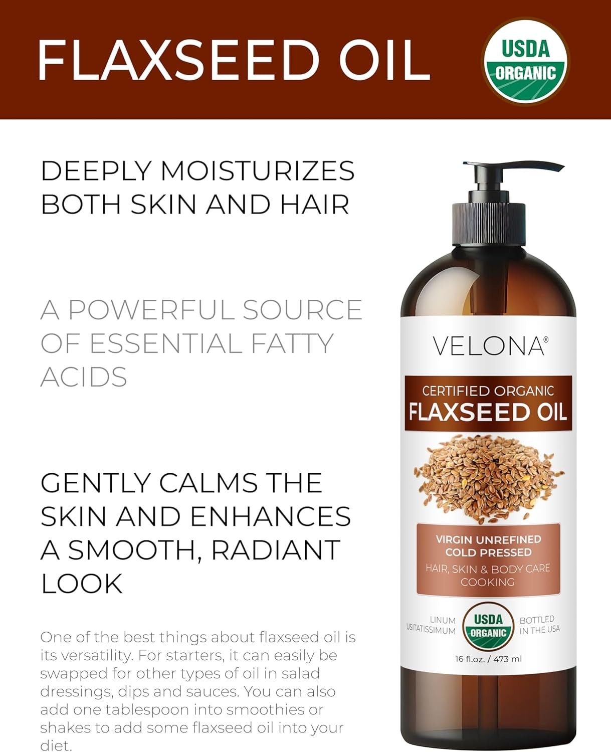 Organic Flaxseed Oil – 8 Fl Oz, USDA Certified Natural Moisturizing Carrier Oil