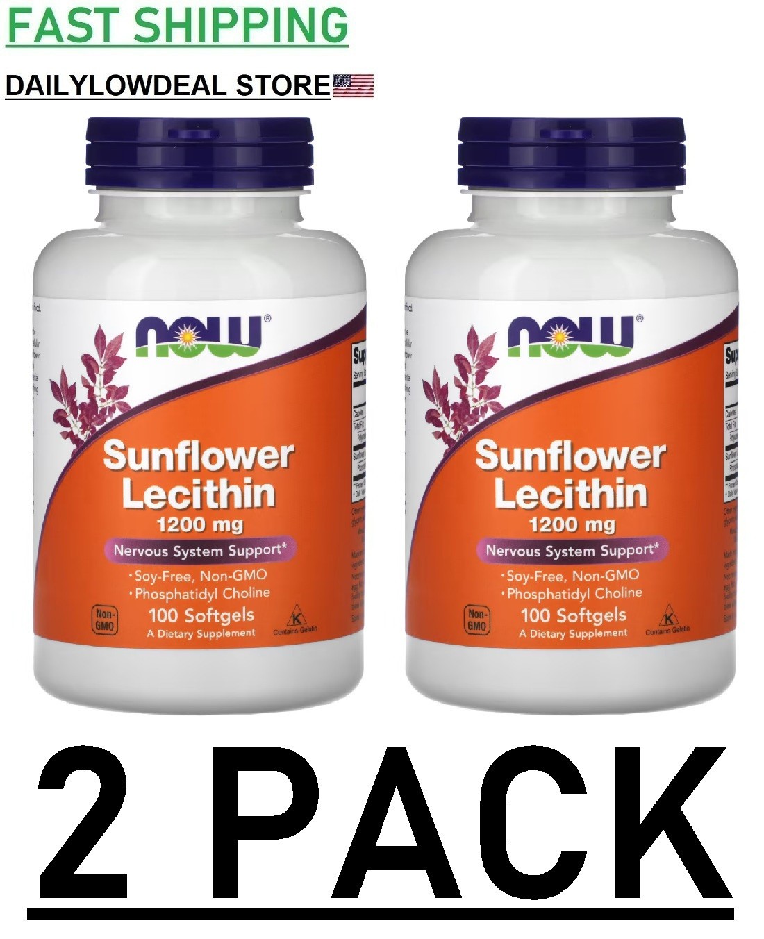 2 PACK – NOW Foods Sunflower Lecithin 1,200 mg 100 Soft gels (TOTAL 200 Sgels)