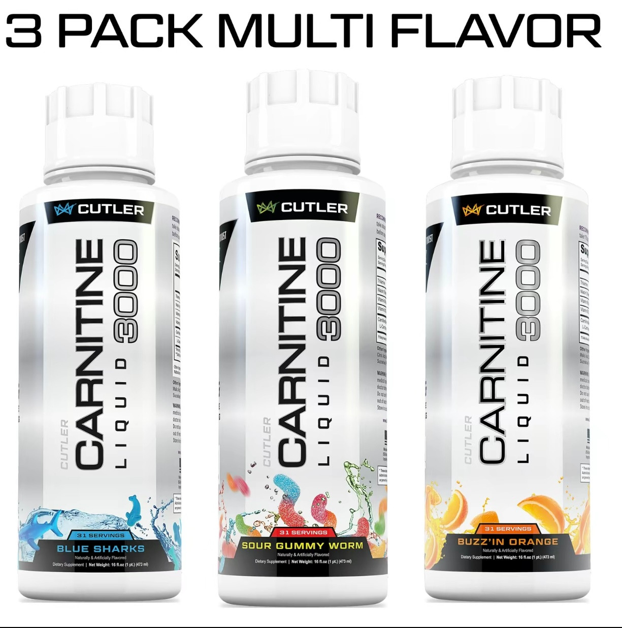 Cutler Nutrition 3 Pack Multi Flavor Carnitine Liquid 3000 Energy-Sport Beverage