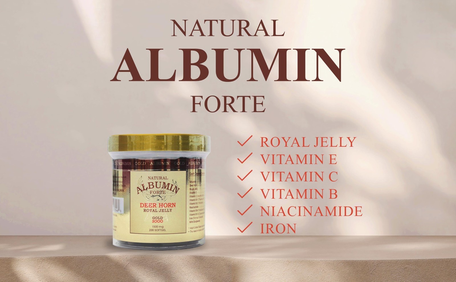 Natural Albumin Forte Deer Horn & Royal Jelly 1500mg – 200 Softgels, Immune Supp