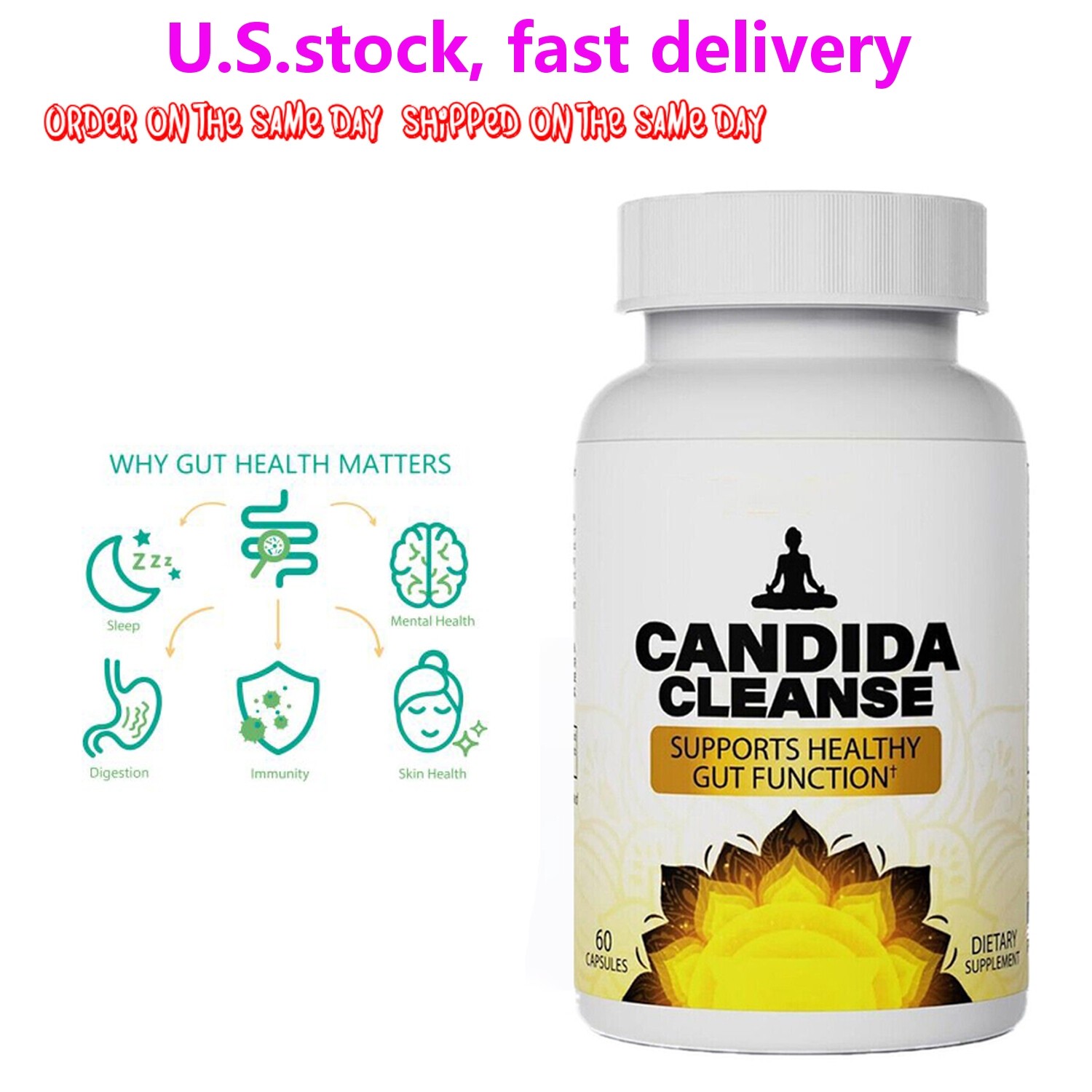 Candida Cleanse Gut & Colon Support 60 Capsules For Women & Men, Fast shipping