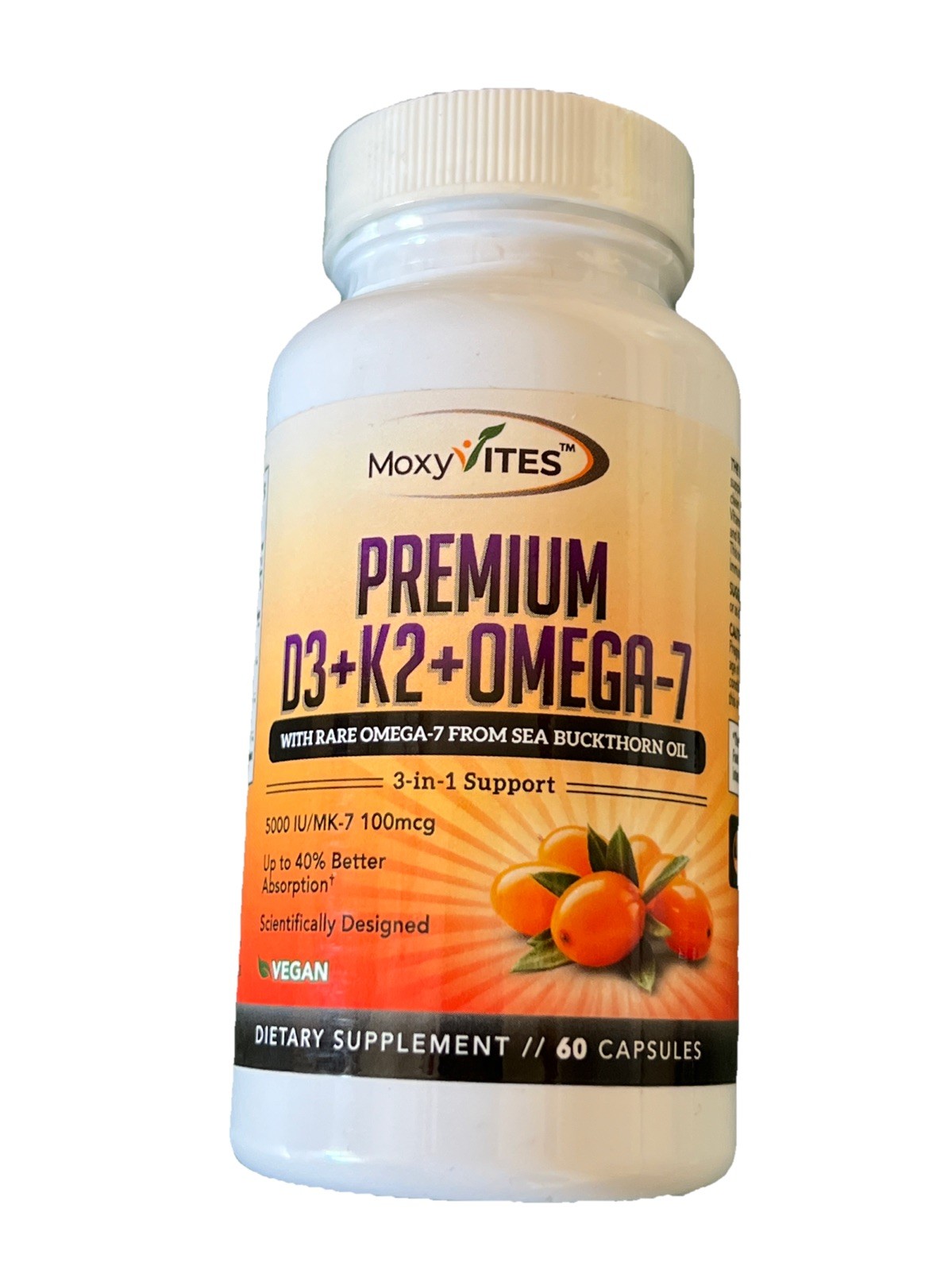 MoxyVites Vitamin D3 K2 MK7 Omega 7 Sea Buckthorn Oil 60 Capsules Vegan Ex 11-28