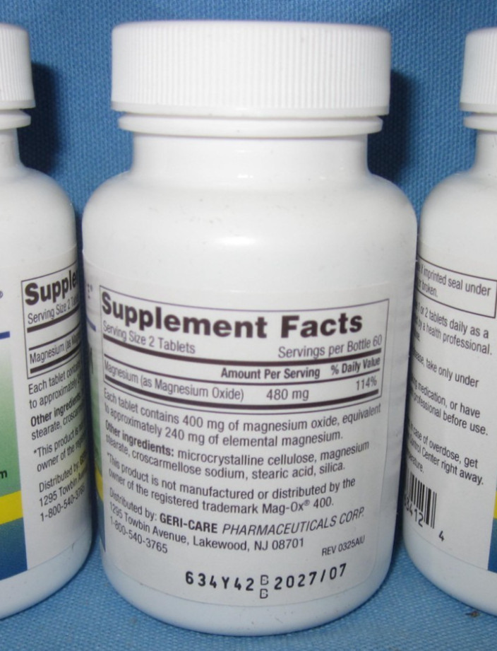 Three 120 Tablet Count Bottles of Magnesium Oxide 400mg Dietary Supplement