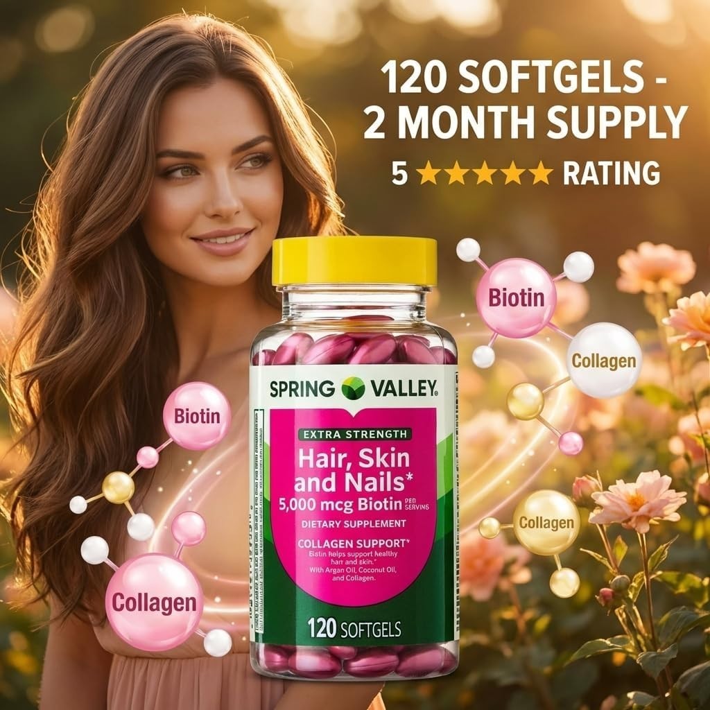 Spring Valley Extra Strength Hair Skin Nails Biotin 5000 mcg 120 Softgels New