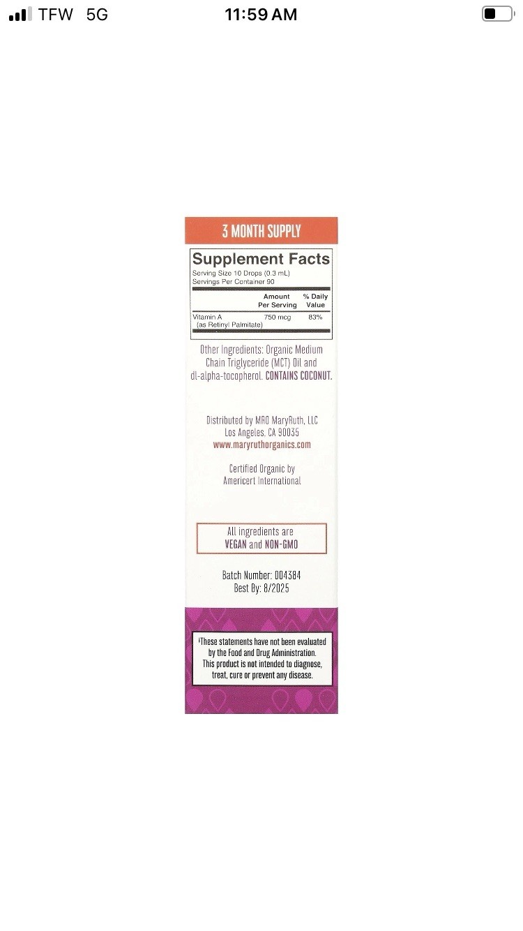Organic Vitamin A Liquid Drops, Unflavored, 750 mcg, 1 fl oz (30 ml) Exp 11-26