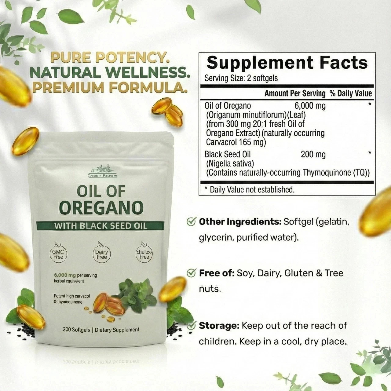 Oregano & Black Seed Oil 6000mg – 300 Softgels – New Herbal Supplement Capsules