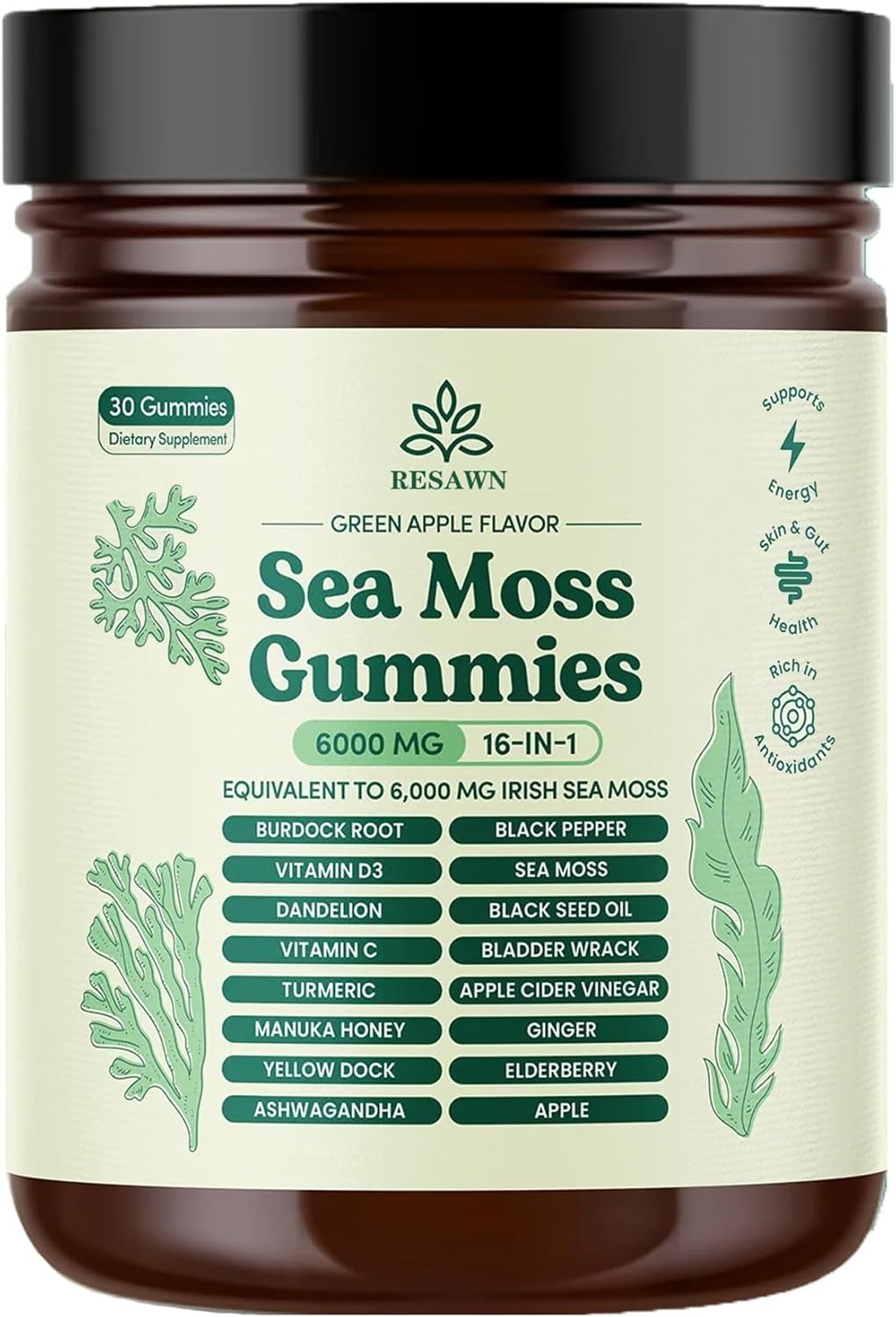 16-in-1 Organic Sea Moss Gummies | Irishmoss Extract 6000Mg | Green Apple