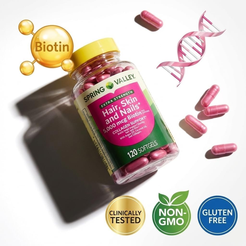Spring Valley Extra Strength Hair Skin Nails Biotin 5000 mcg 120 Softgels New