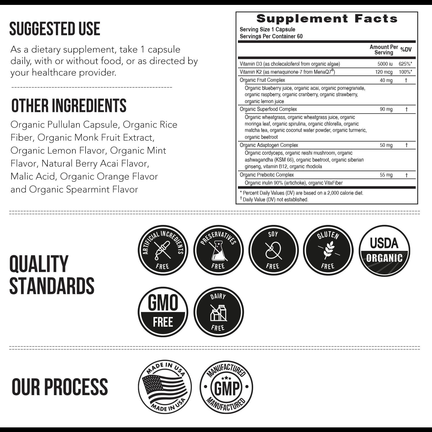 Organic D3 + K2 Supplements | 5000 IU Vitamin D3 & 120 mcg K2 MK7 | Vegan, Raw,