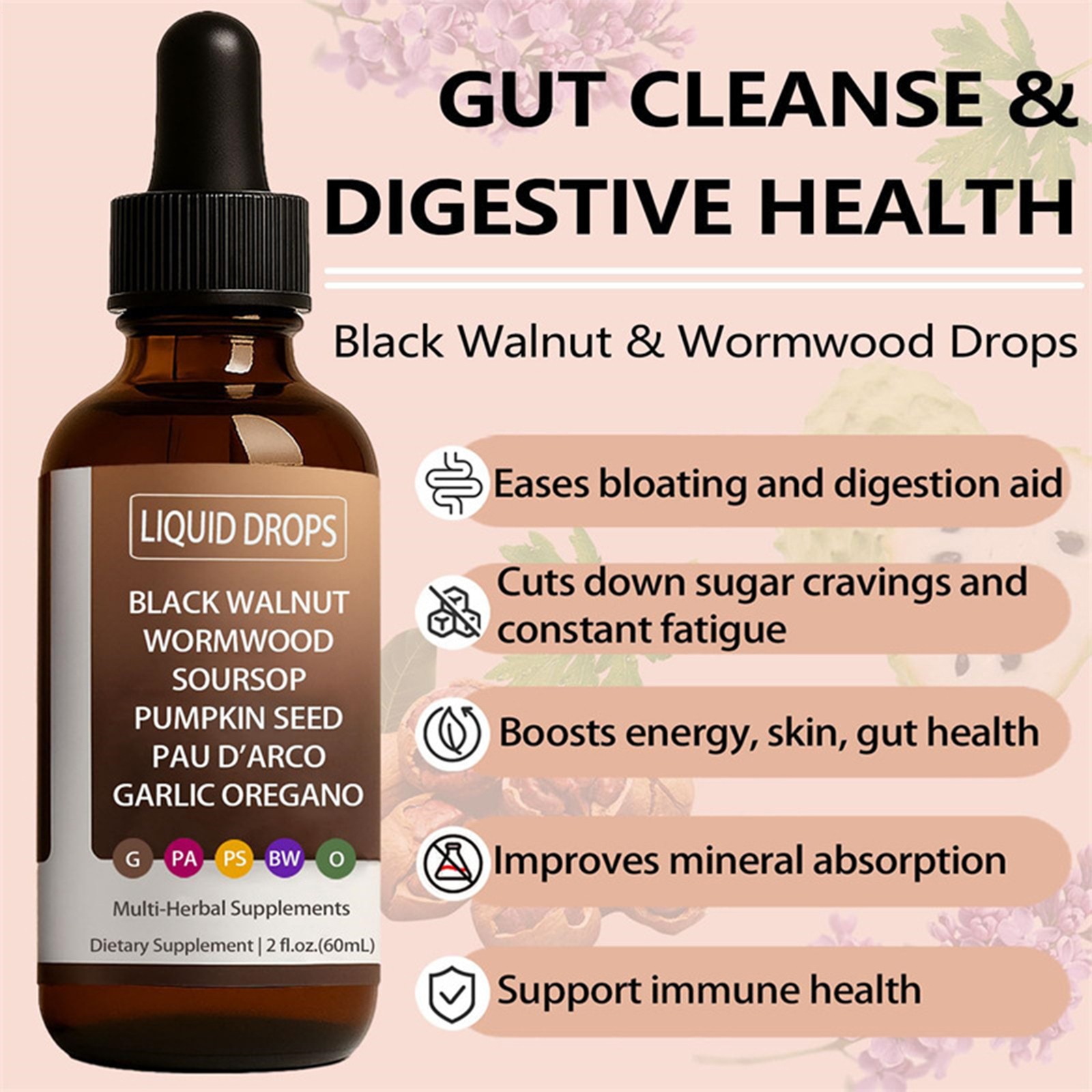 Improved Nutralis Black Walnut Wormwood Gut Cleans Digestive Health Supplement D