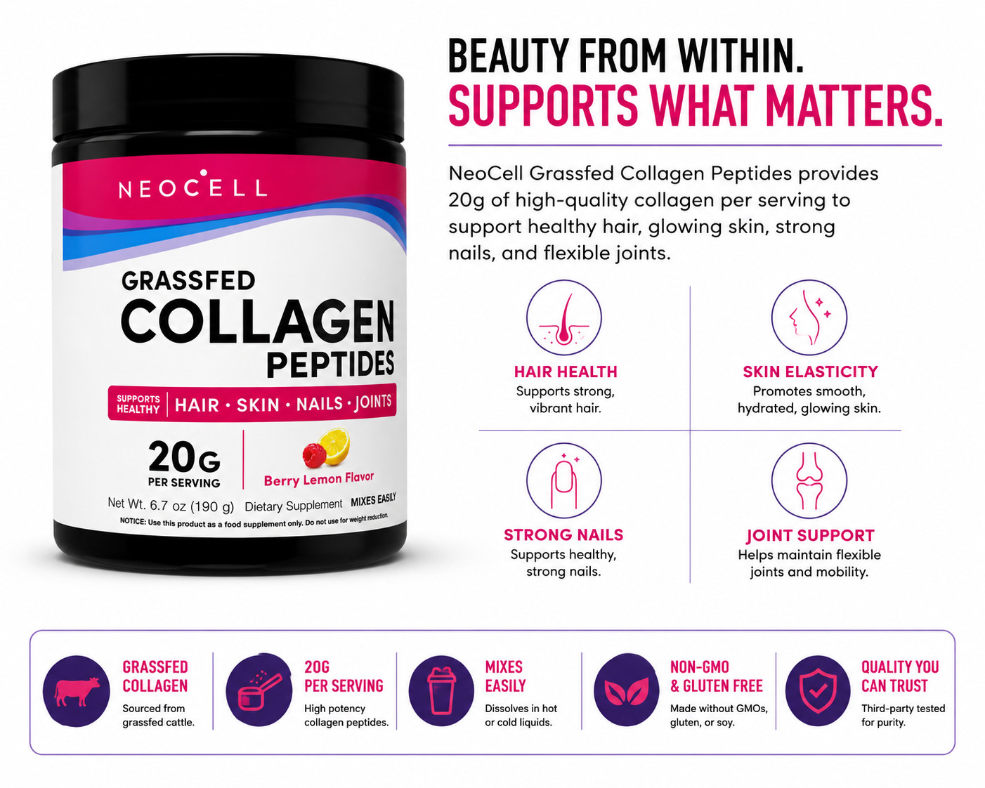 NeoCell Super Collagen Peptides Powder Berry Lemon 6.7 Oz