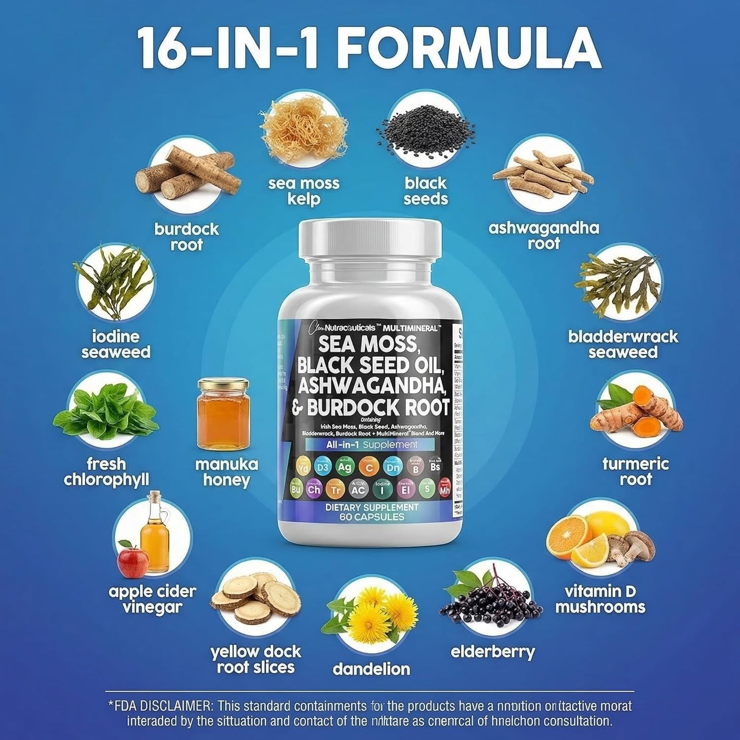 Clean Nutraceuticals Sea Moss Black Seed Oil Ashwagandha Turmeric W/ Vitamin