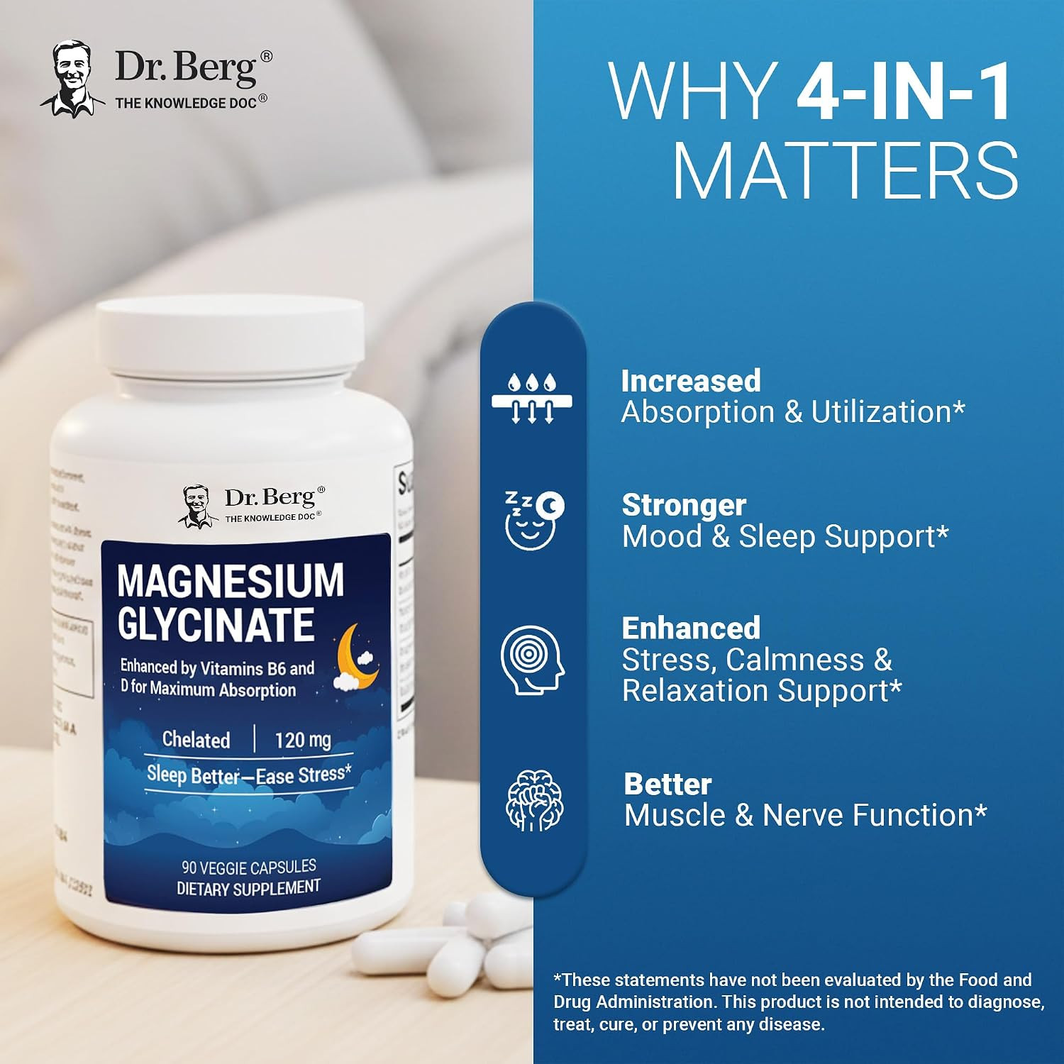 Dr. Berg Magnesium Glycinate with Vitamin D, B6 & Zinc for Stress Relief, Calm,