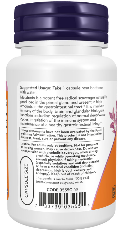NOW Foods Melatonin 5mg 60 Veg Caps Sleep Gastrointestinal Support 10/2028 EXP