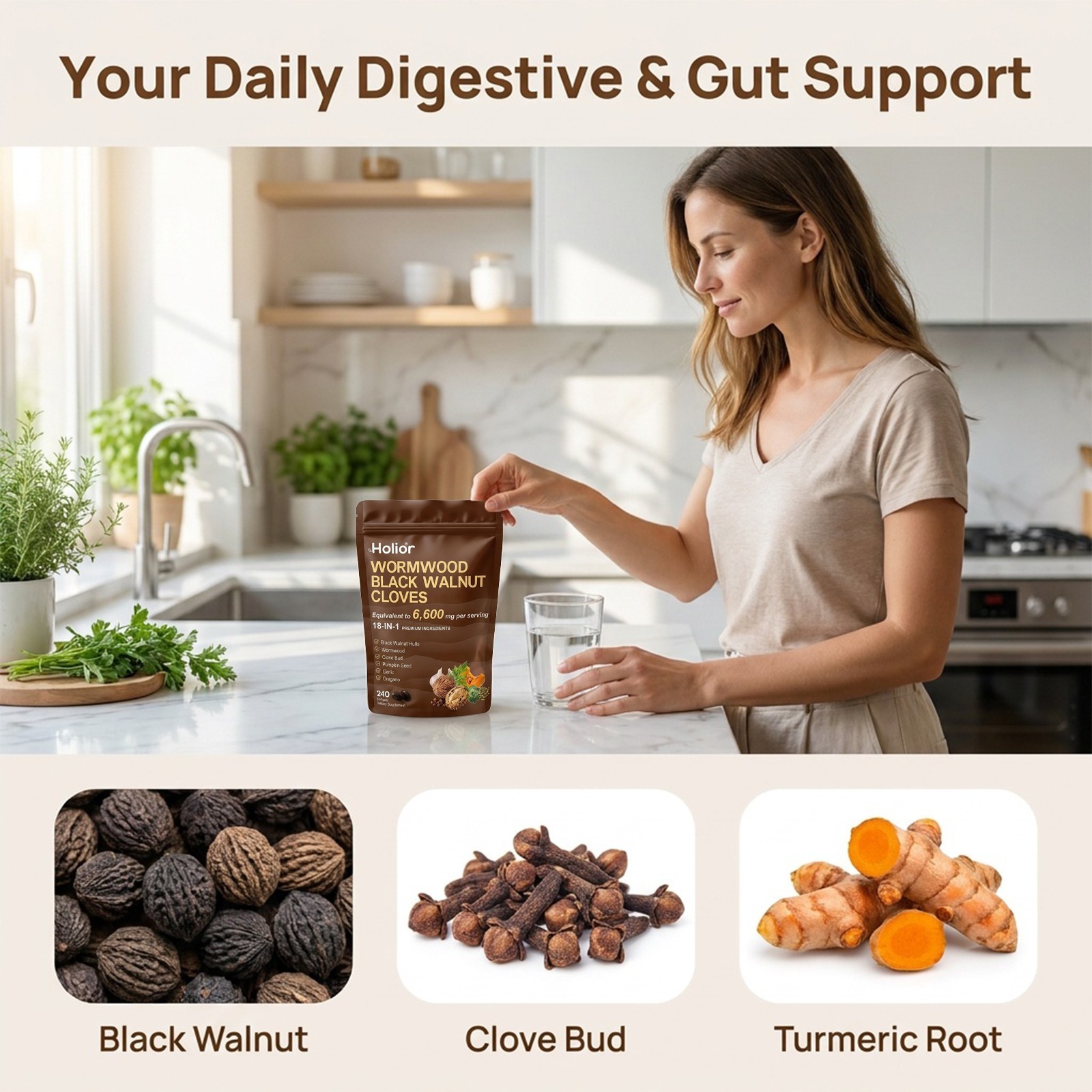Holior Wormwood Black Walnut Clove Herbal Supplement 240 Softgels
