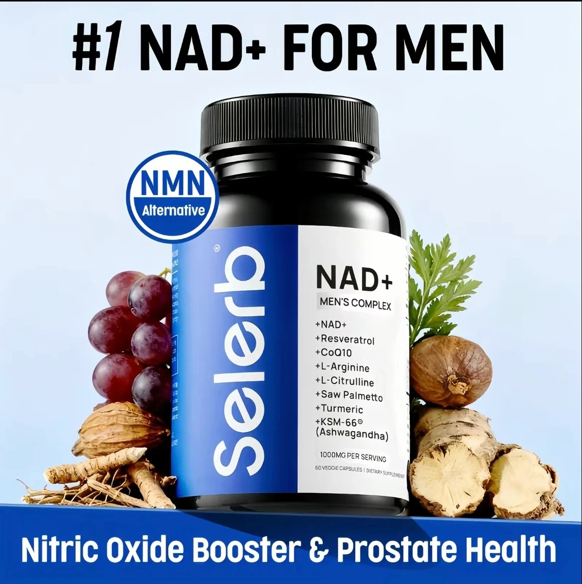 elerb NAD Plus Supplement For Men Prostate Circulation Energy Support 60 Vegan