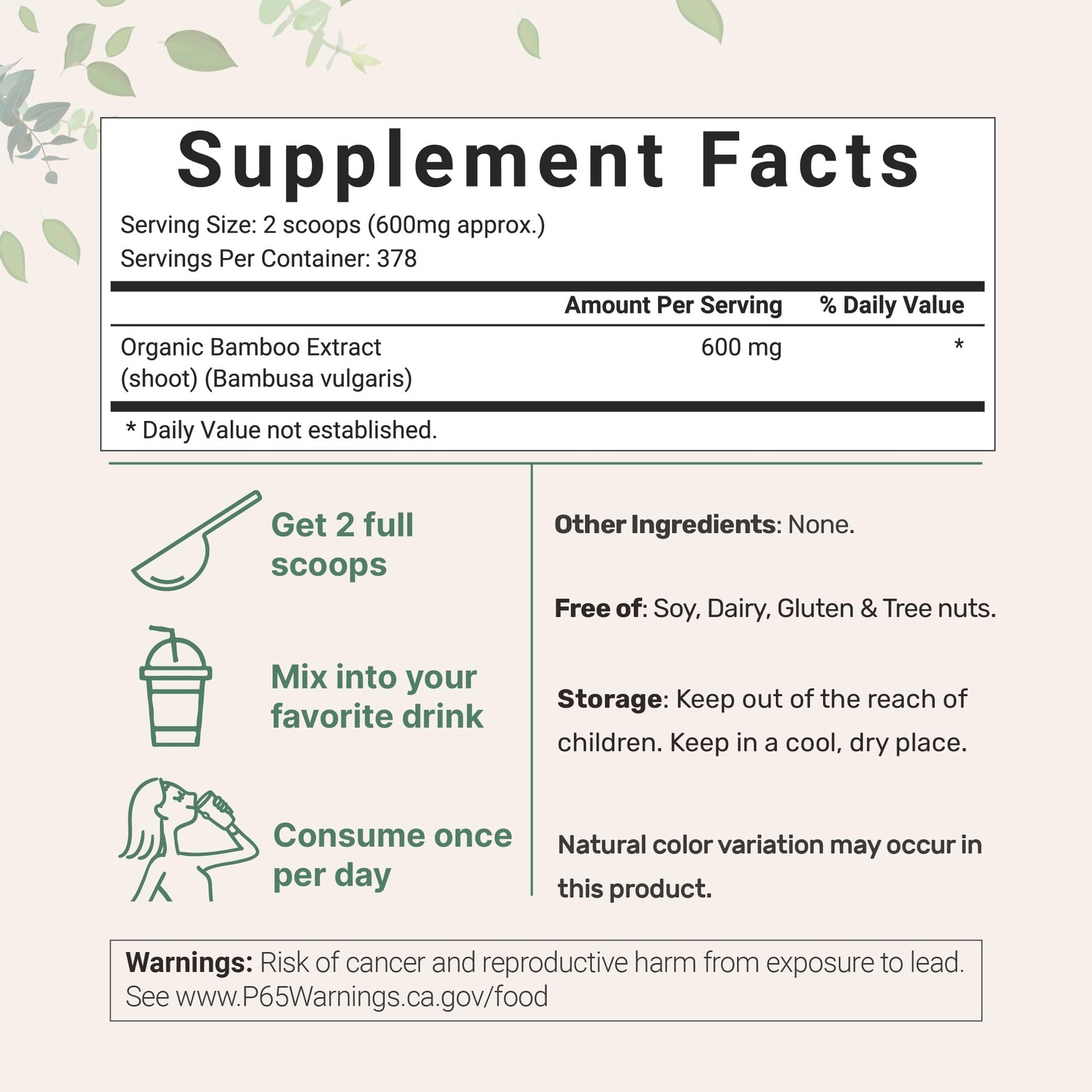 Micro Ingredients Organic Bamboo Extract Powder 8Oz 378 Servings Bamboo Plant