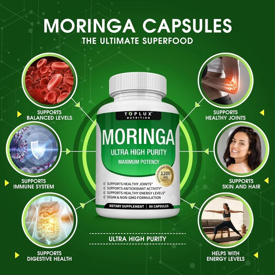 3-Pack NEW Toplux Moringa Capsules – 1200mg – 270 Capsules – Vegan, Non-GMO