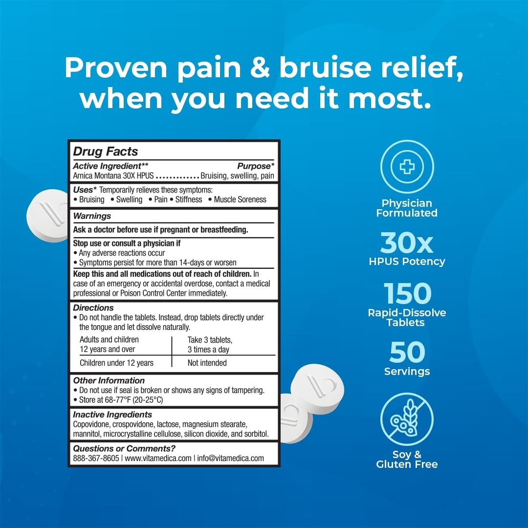 Natural Pain Relief Tablets – Arnica Montana 30X for Bruising & Swelling – 150 C