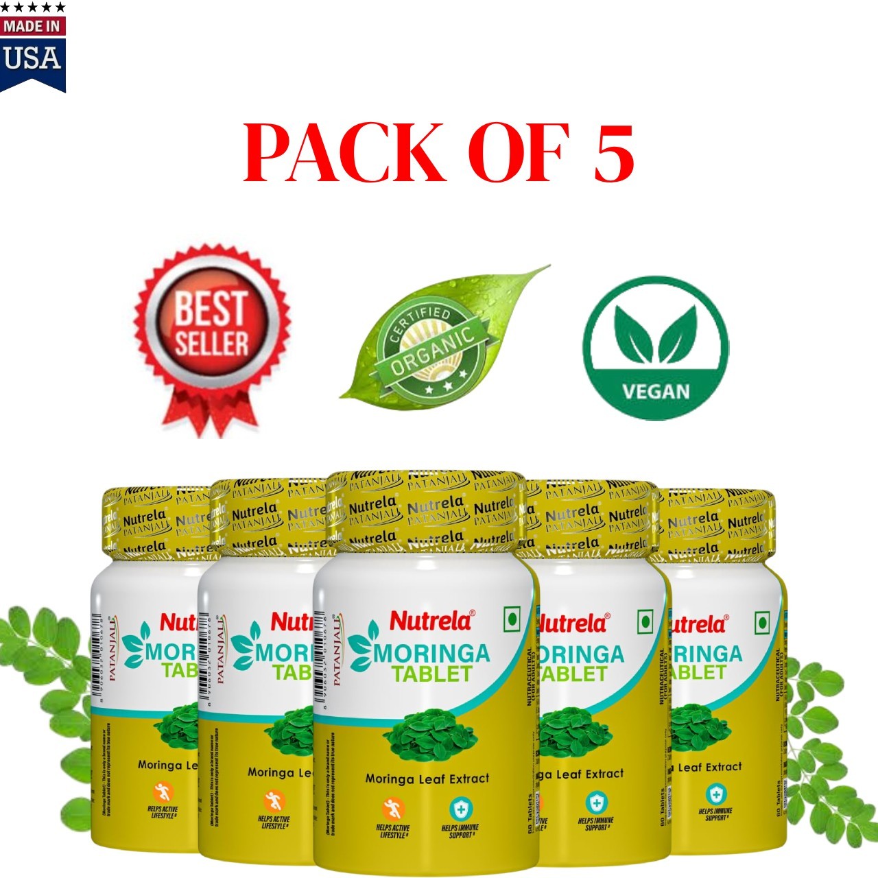 Nut.rela Moringa 1000mg Tablets 60 Count Immunity Pack of 5