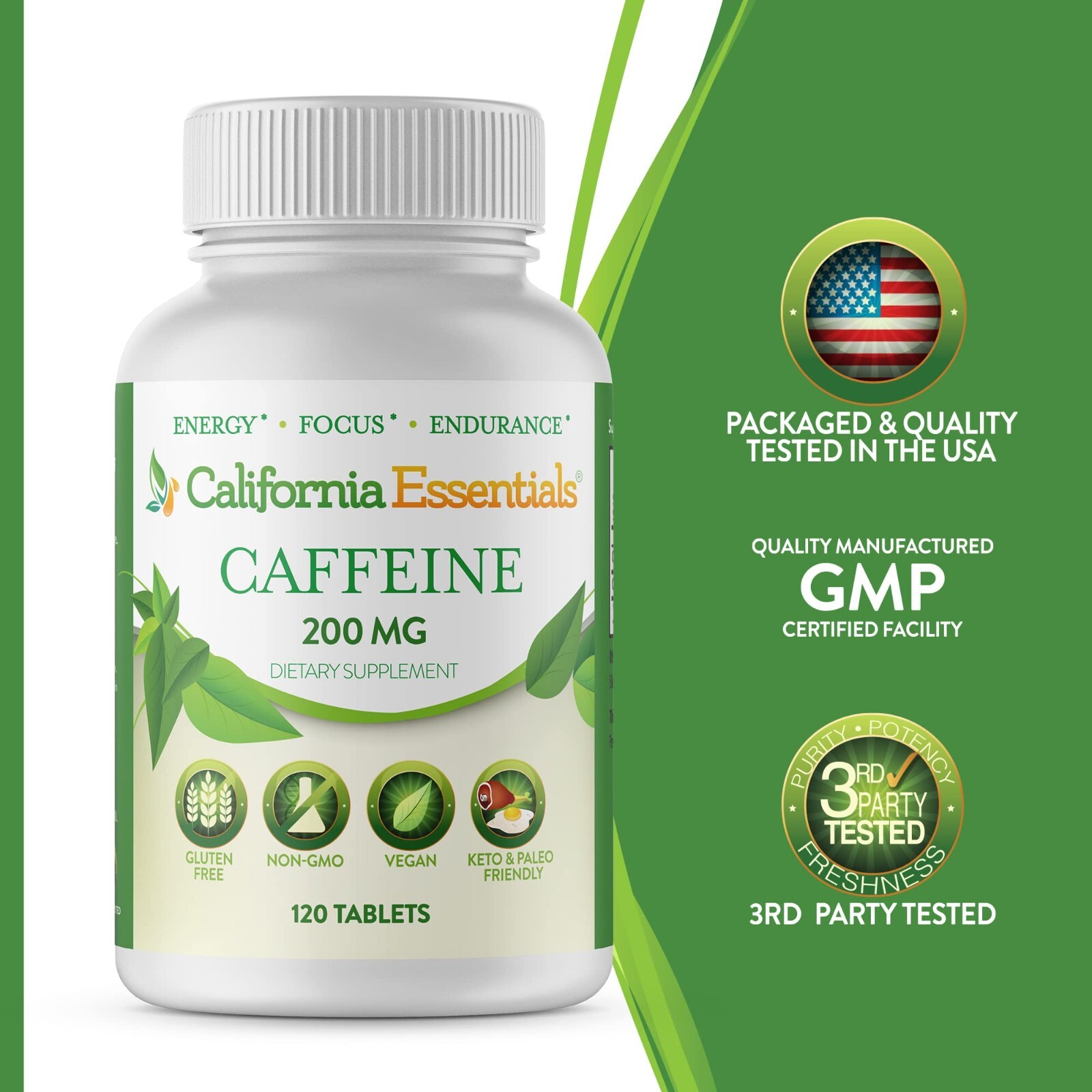 California Essentials Caffeine Pills – 200mg – 120 Tablets – 3 Pack – Free Ship