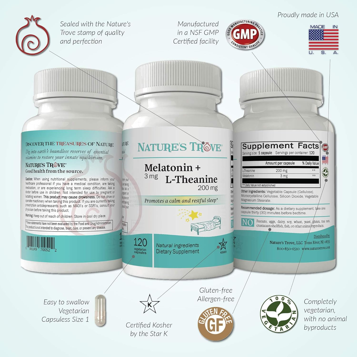 Nature’S Trove Melatonin 3Mg + L Theanine 200Mg – Calm and Relaxation – 120 Kosh