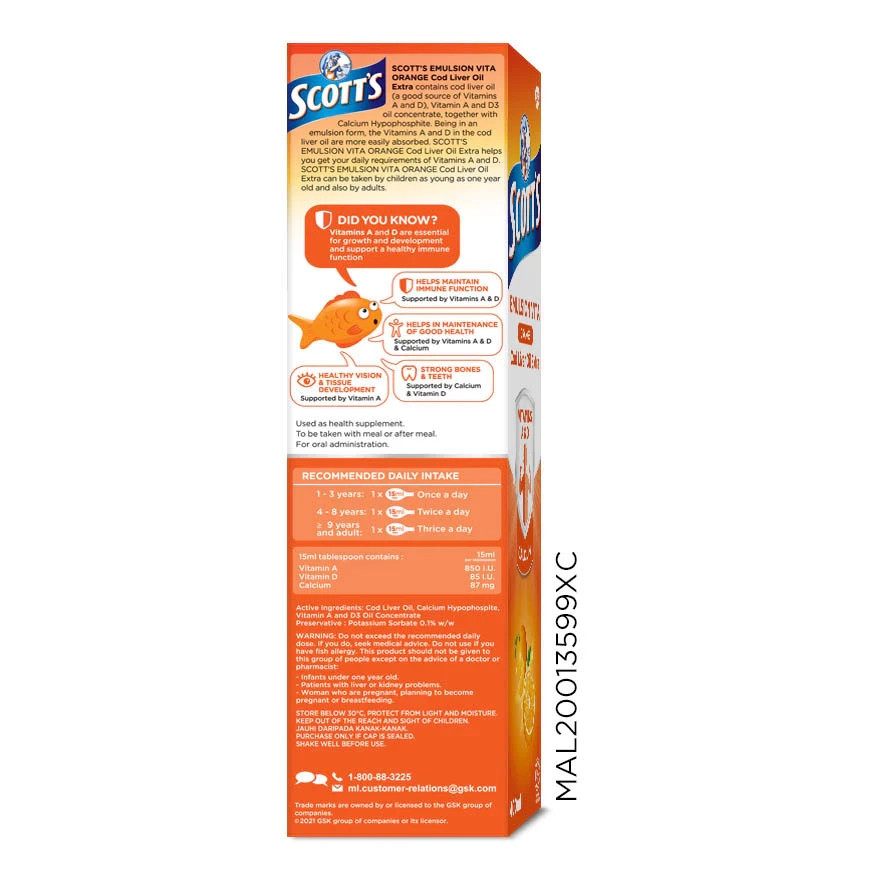 Scott’s Emulsion 400ml Cod Liver Oil Orange Flavour Vitamin A & D x1 Bottle