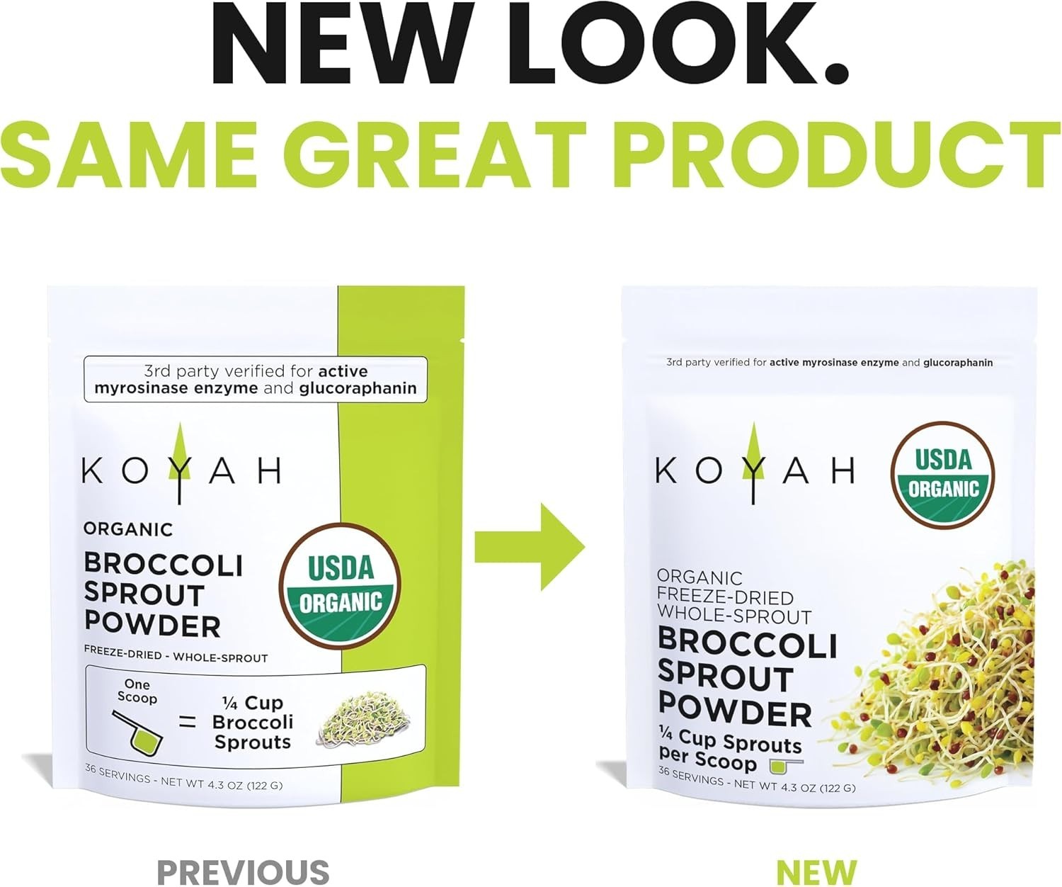 KOYAH Organic Broccoli Sprout Powder Freeze-Dried Active Myrosinase 36 Servings