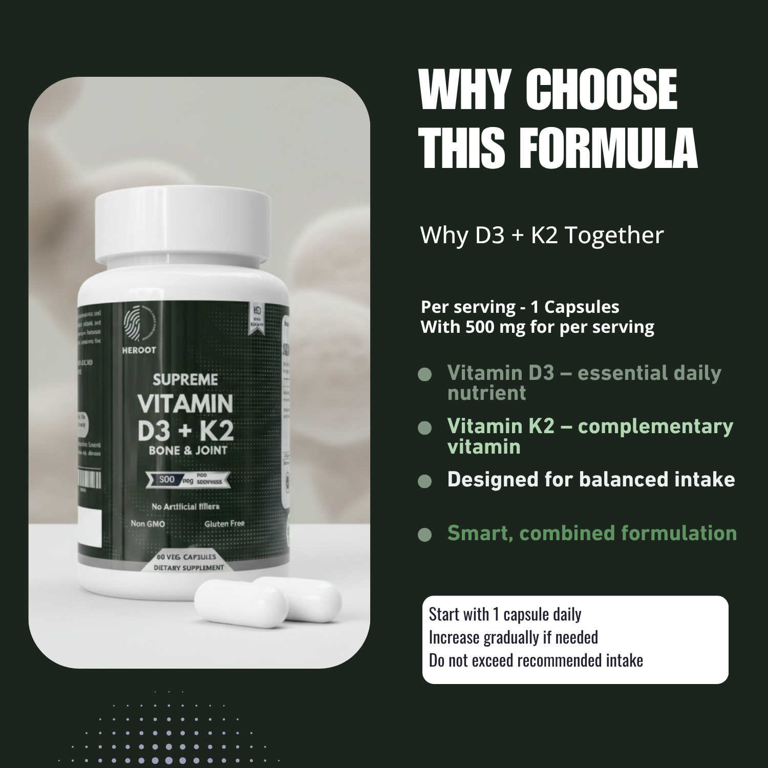 Heroot Vitamin D3 K2 500 mg Capsules Daily Dietary Supplement 60 Count Non – Gmo