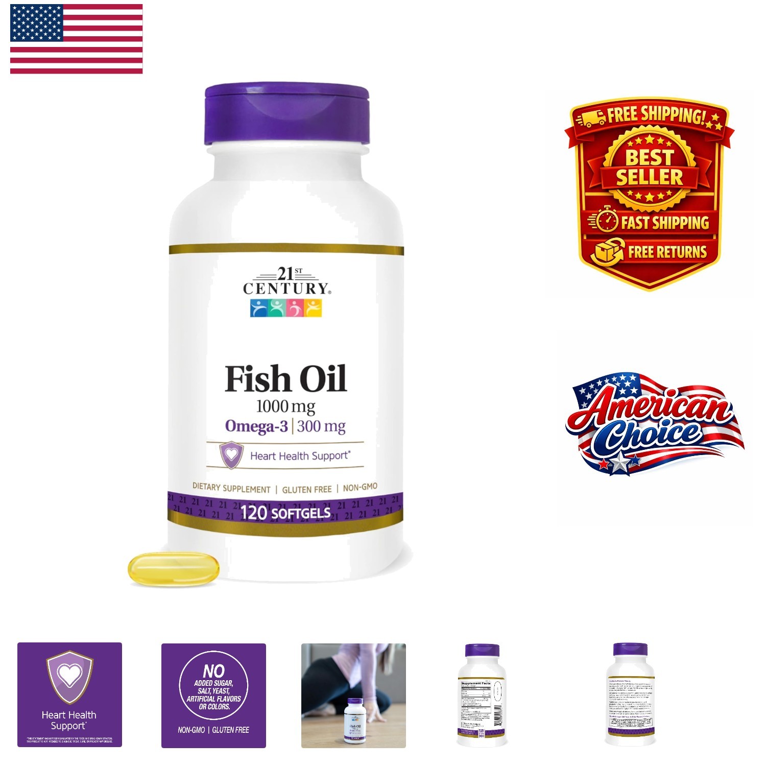 High-Quality Omega-3 Fish Oil 1000mg Softgels, 120 Count – All-Ages Support