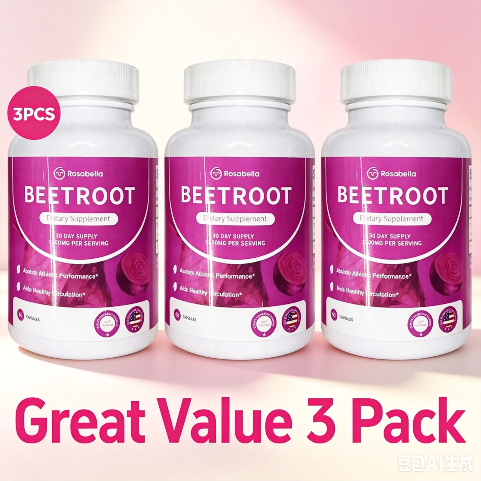 3PCS Rosabella Organic Beet Root 60 Capsules Natural Energy Boost Blood Pressure