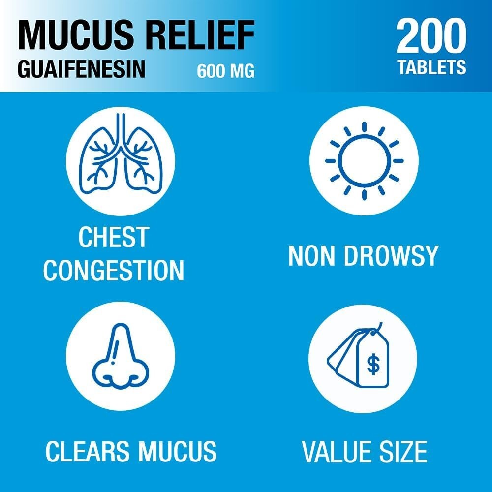 Puregen Labs Mucus Relief Expectorant 12 Hour Guaifenesin 600mg 200 Tablets
