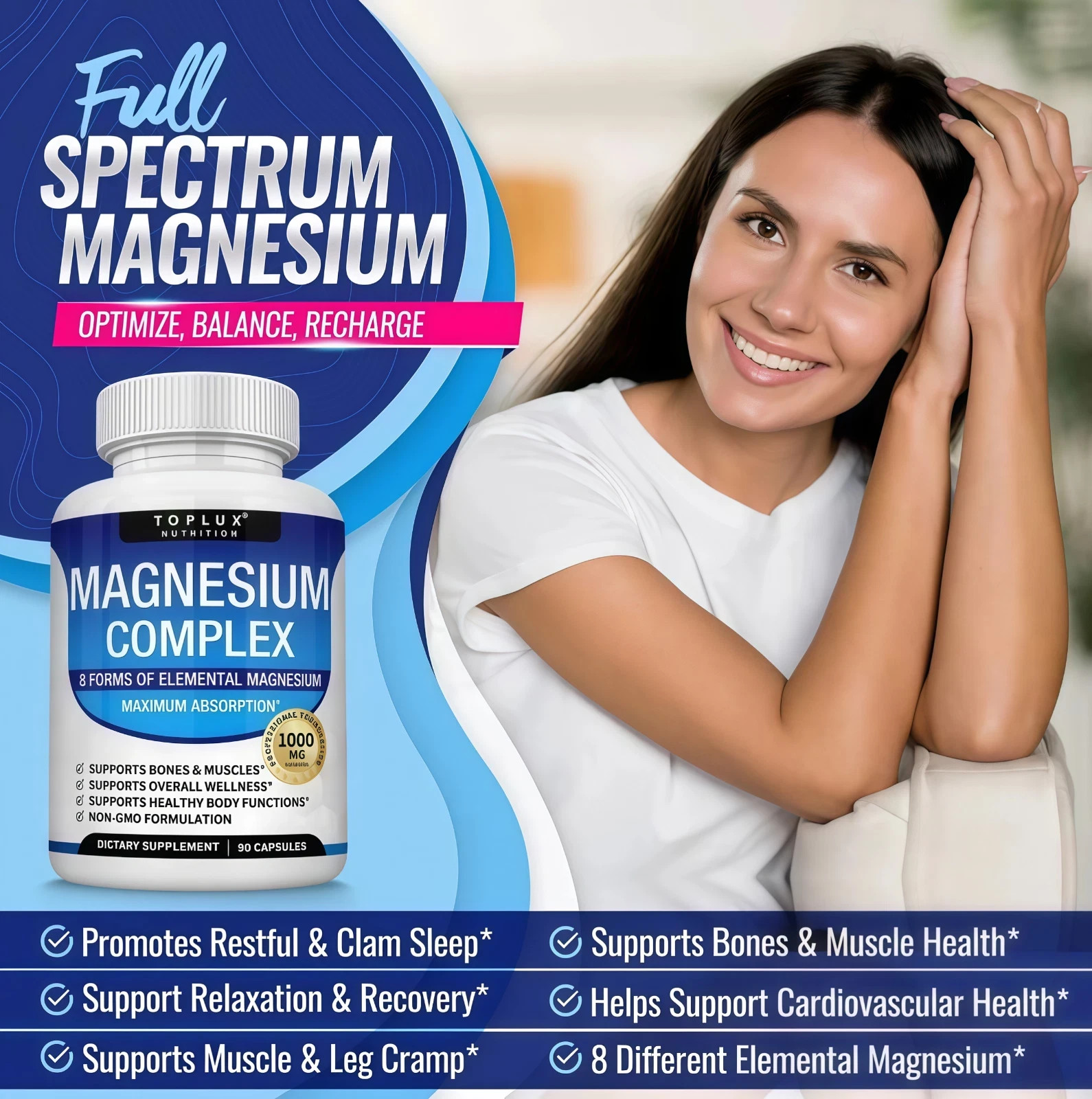 3Pack Toplux Nutrition Magnesium Complex 1000mg Supports 8 Elemental Magnesium