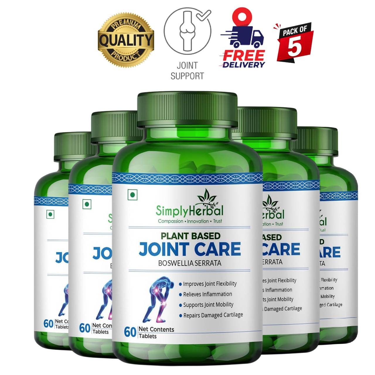 5 Pack S.imply Herbal Joint Care Tablets 60 Count