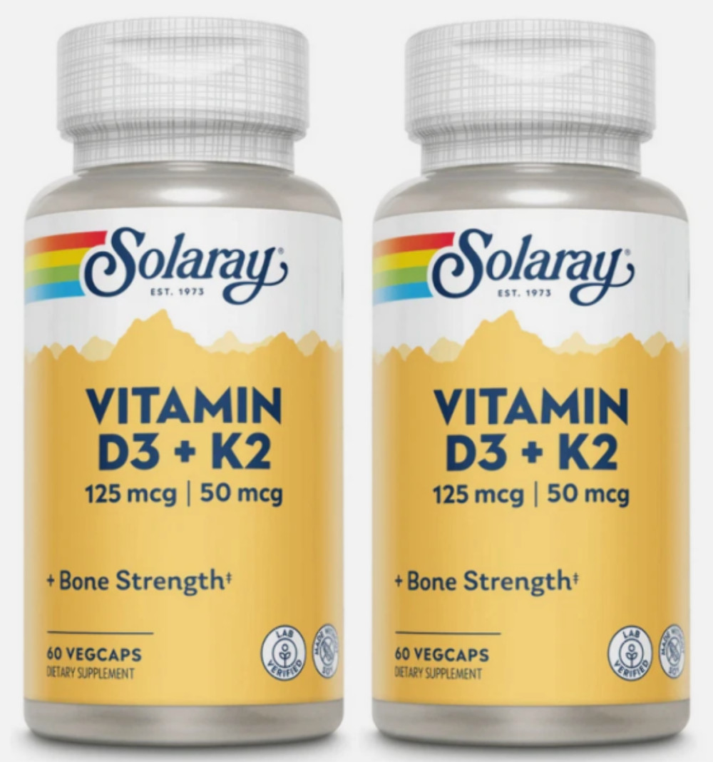 (2 PACK) Solaray Vitamin D3 + K2 60 VegCaps Exp 10/2028