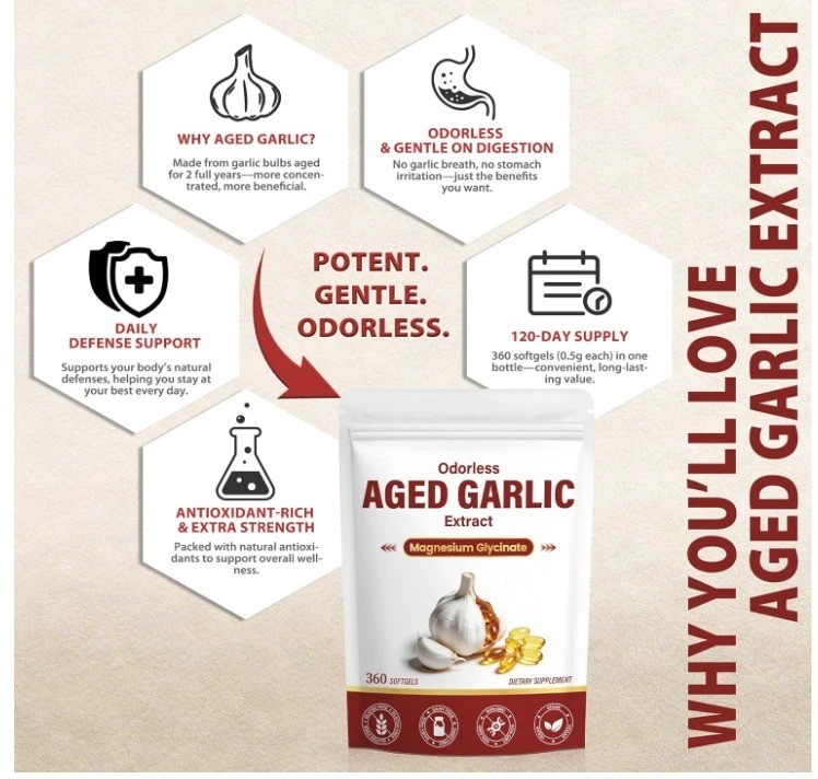 Odorless Aged Garlic Extract Capsules, 2-Year Aged Garlic with Magnesium