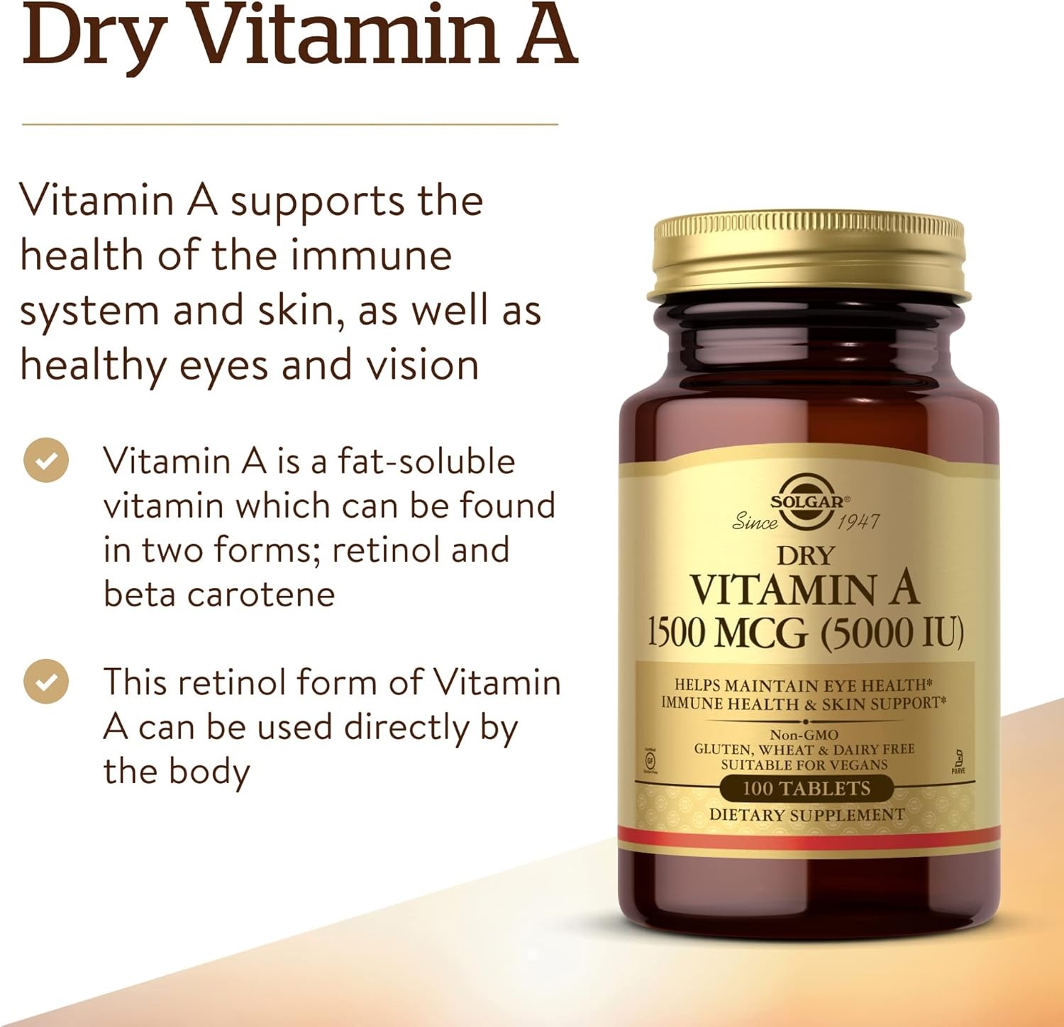 Solgar Dry Vitamin A 1500 mcg (5000 IU), 100 Tablets – Supports Healthy Eyes, Sk