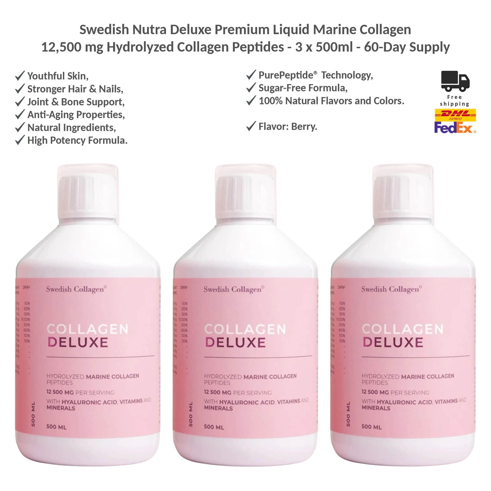 Swedish Nutra Deluxe Premium Liquid Marine Collagen 12,500 mg – 3 x 500ml