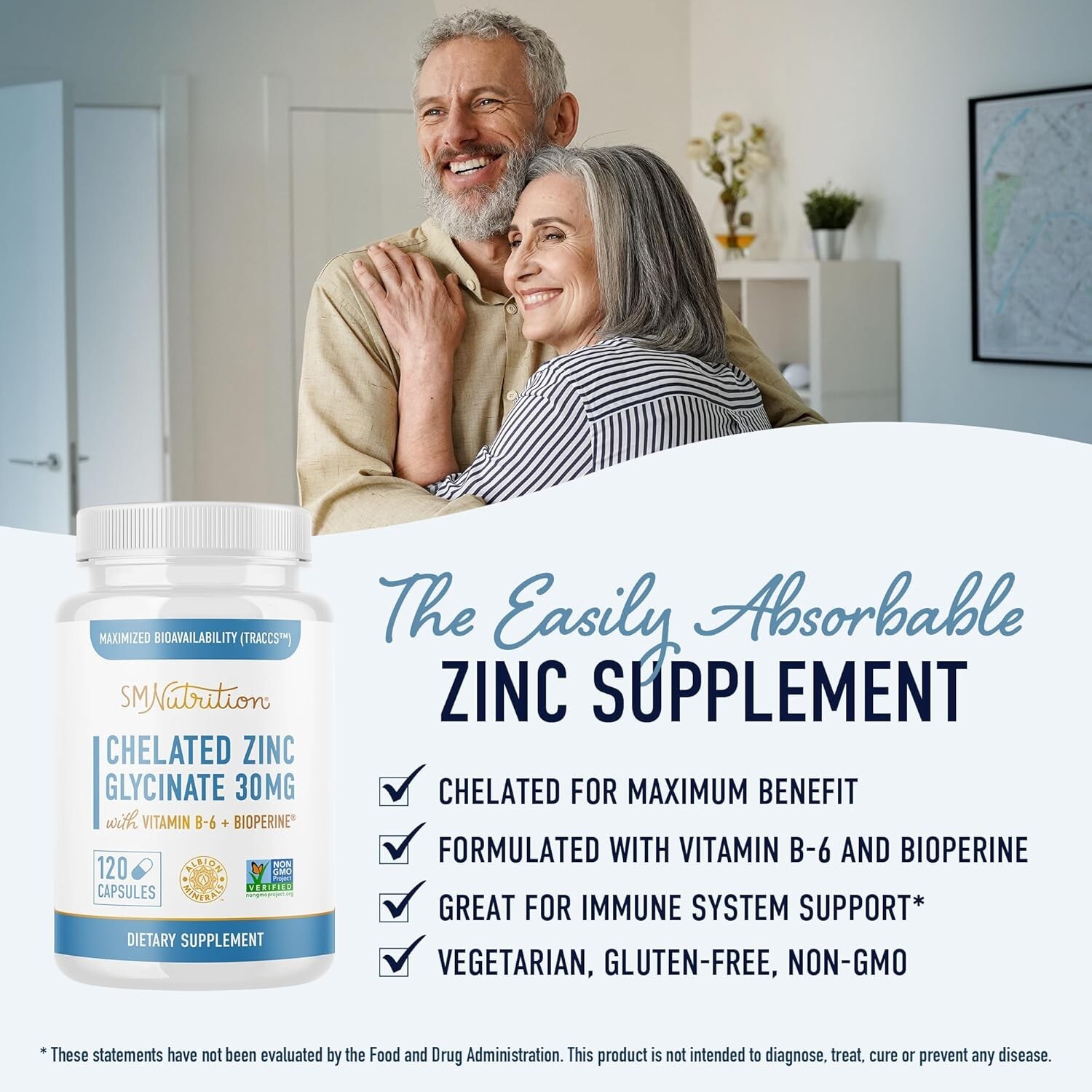 Chelated Zinc Supplements Zinc Glycinate 30mg Highly-Absorbable TRAACS, 120ct