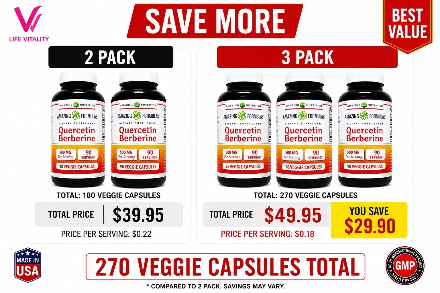 Quercetin Berberine 500mg 3 Pack 270 Veggie Capsules Antioxidant Supplement