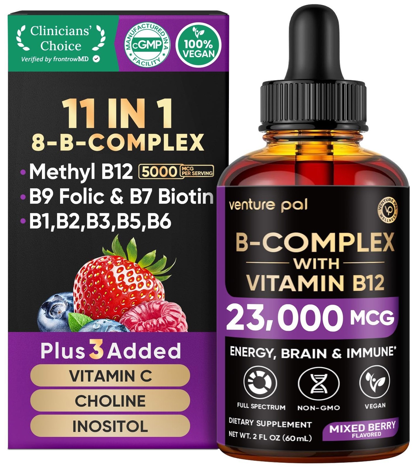 Venture Pal Vitamin B Complex Liquid Drops W/ B12 Methylcobalamin B9 Folic B1-B7