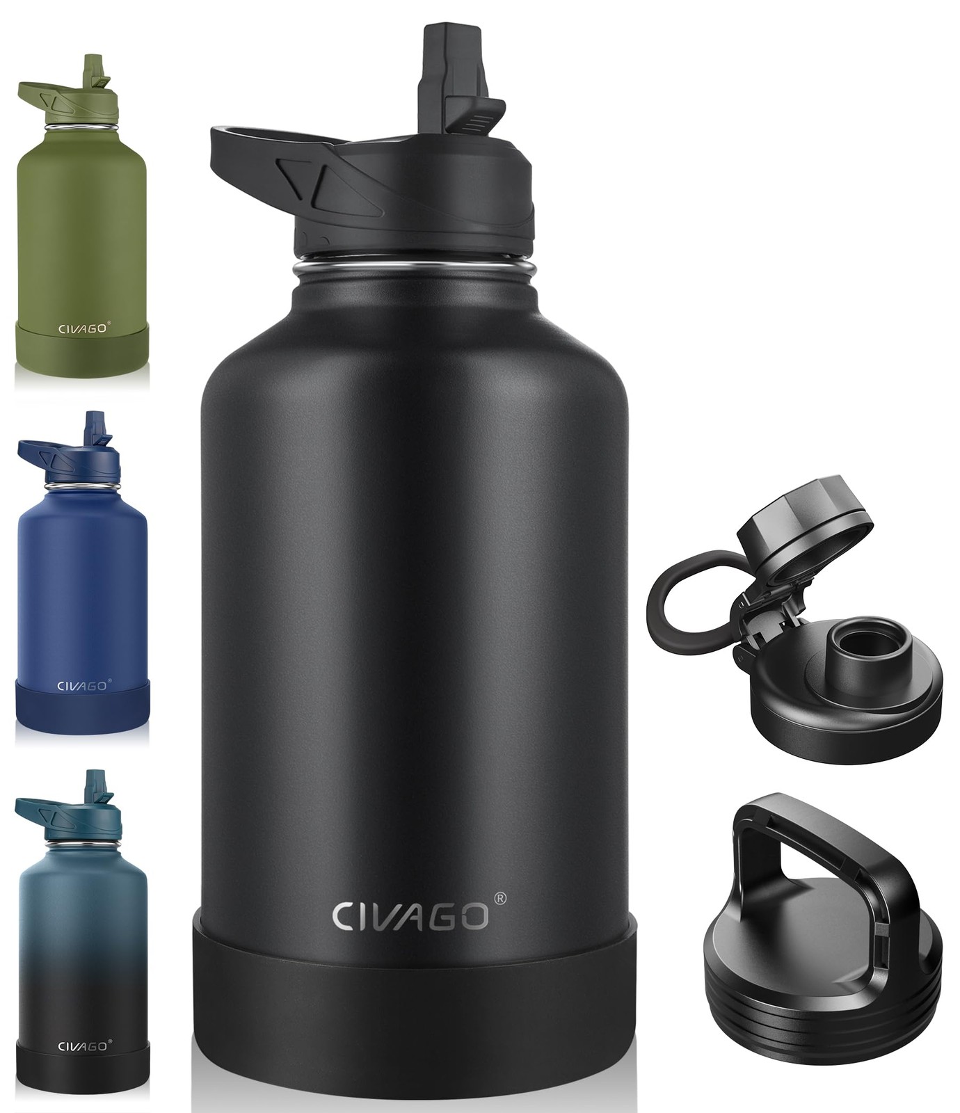 CIVAGO 64 oz Insulated Water Bottle With Straw, Half Gallon 64 Ounces, Black