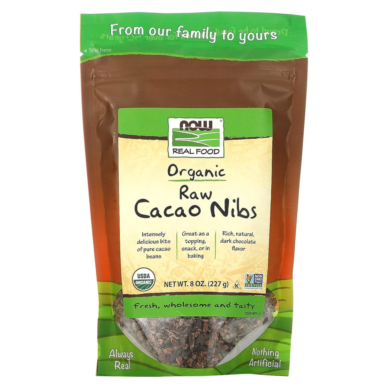 NOW, Organic Raw Cacao Nibs, Dark Chocolate Flavor, 8-Oz (Packaging May Vary)