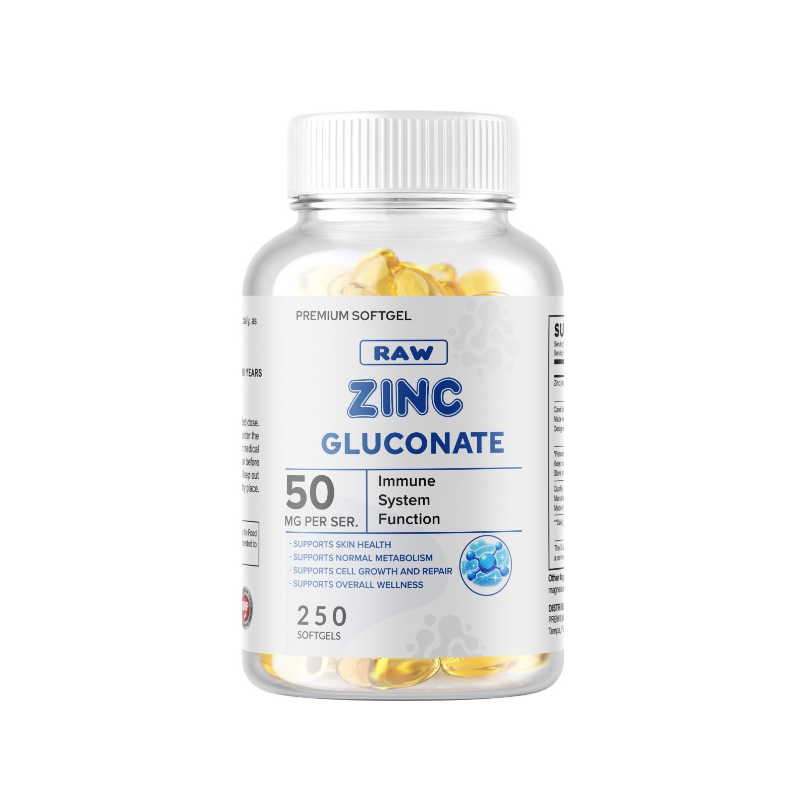 Zinc Gluconate 50mg 250 Servings Softgels Gluten Free Non-GMO